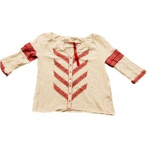 Lucky Brand Top Women’s Boho Embroidery Tassel Tie 3/4 Sleeves Small